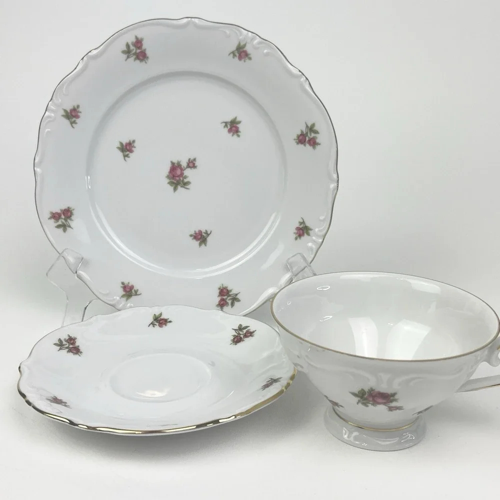 Bavaria Western Germany Elfenbein Rose Bud Pattern Tea Cup Saucer Plate 3 PC Set